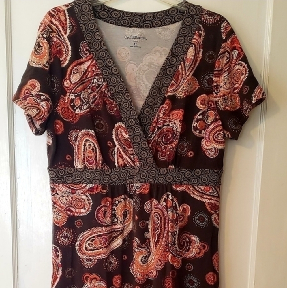 Vintage Croft & Barrow Brown Paisley‎ Print V Neckline Knit Dress size XL - Picture 3 of 10
